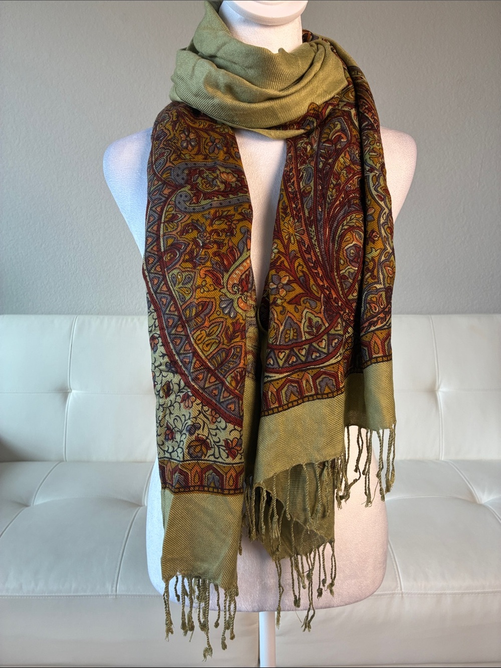 World Market Olive & Rust Paisley Fringe Wrap Scarf - 100% Rayon